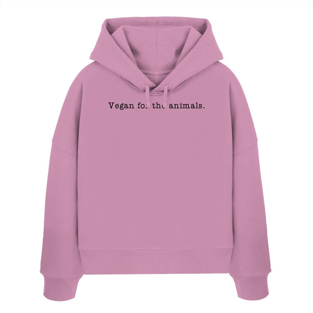 Minimalism Design - Vegan for the animals. - Damen Bio Boxcut Hoodie: Pinker Hoodie mit schwarzem Text, nachhaltige Bio-Baumwolle, doppellagige Kapuze, flache Kordel, abfallende Schultern.