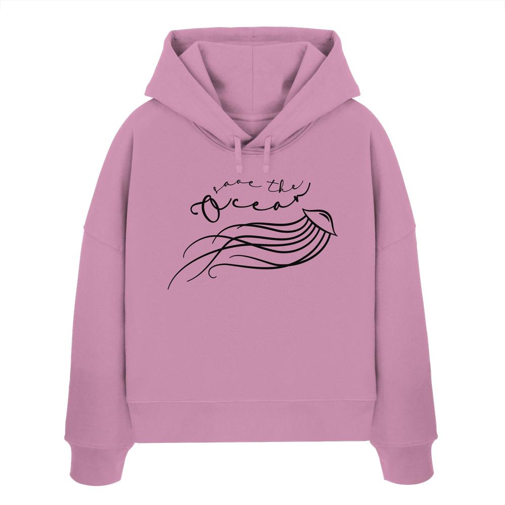 Vegan und Bio Crop Hoodie: Jellyfish - Save the Ocean mit minimalistischem Quallenmotiv und Botschaft zum Meeresschutz, aus 100% Bio-Baumwolle, reguläre Passform.