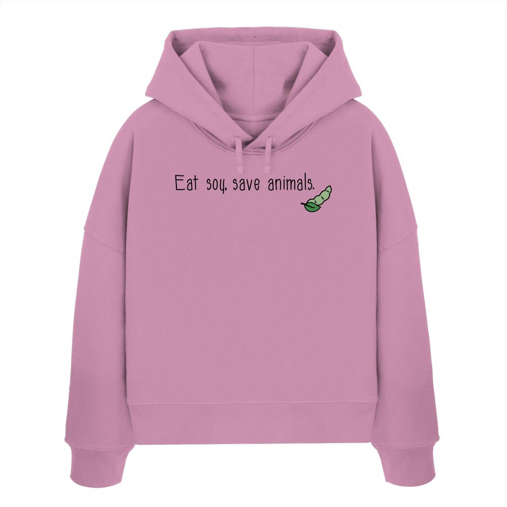Vegan und Bio Crop Hoodie mit grünem Blatt-Logo, hergestellt aus 100% Bio-Baumwolle. Promotet Veganismus und Tierschutz, von RUDE REBEL entworfen.