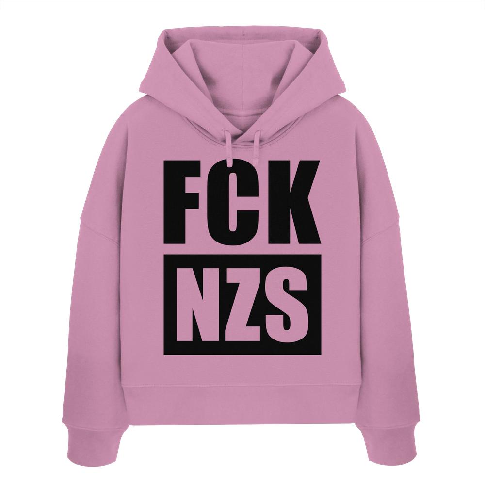 Vegan und Bio Crop Hoodie: FCK NZS, mauve, mit schwarzem Print, aus 100% Bio-Baumwolle, doppellagige Kapuze, flache Kordel, rebellisches Design von RUDE REBEL.