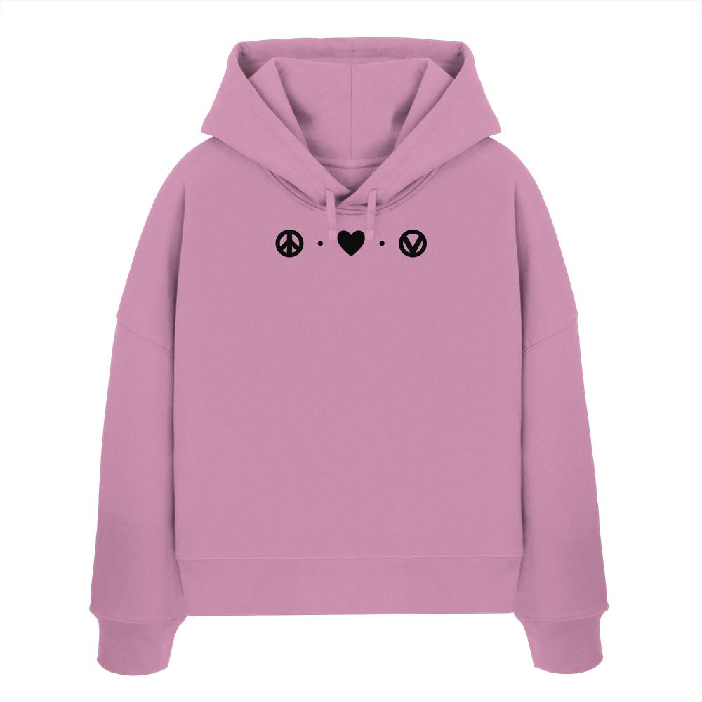 Vegan und Bio Crop Hoodie: Peace - Love - Veganism, pink mit Peace-Symbol und Herzmotiv, aus 100% Bio-Baumwolle, Regular Fit, doppellagige Kapuze.