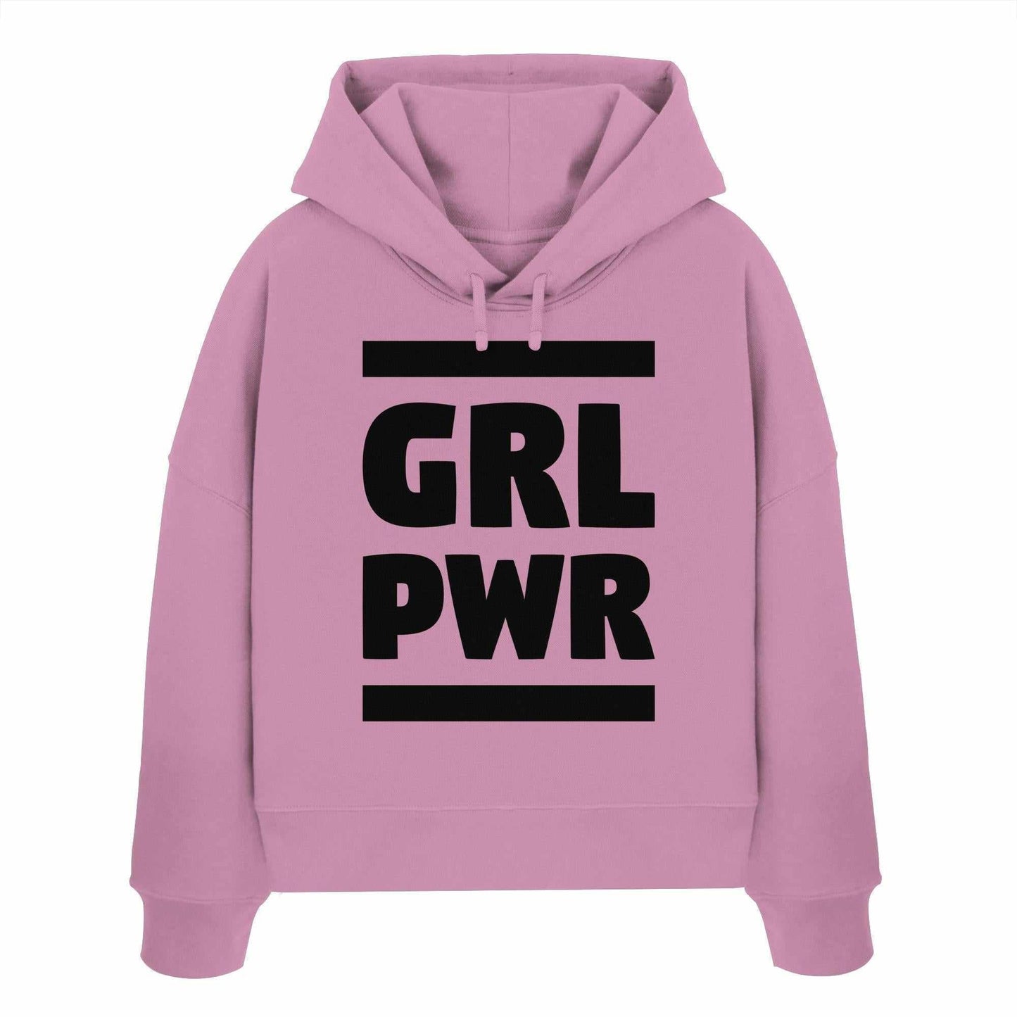 Vegan und Bio Crop Hoodie: GIRL POWER mit feministischer Botschaft, zeigt schwarzen Text auf pinkem Hintergrund, aus 100% Bio-Baumwolle, Regular Fit, von RUDE REBEL.