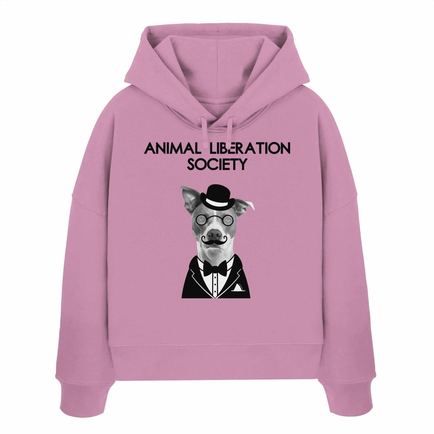 Vegan und Bio Crop Hoodie: Mr. Dog - Animal Liberation Society, pinker Hoodie mit Hund in Anzug und Brille, 100% Bio-Baumwolle, rebellisches Design von RUDE REBEL.