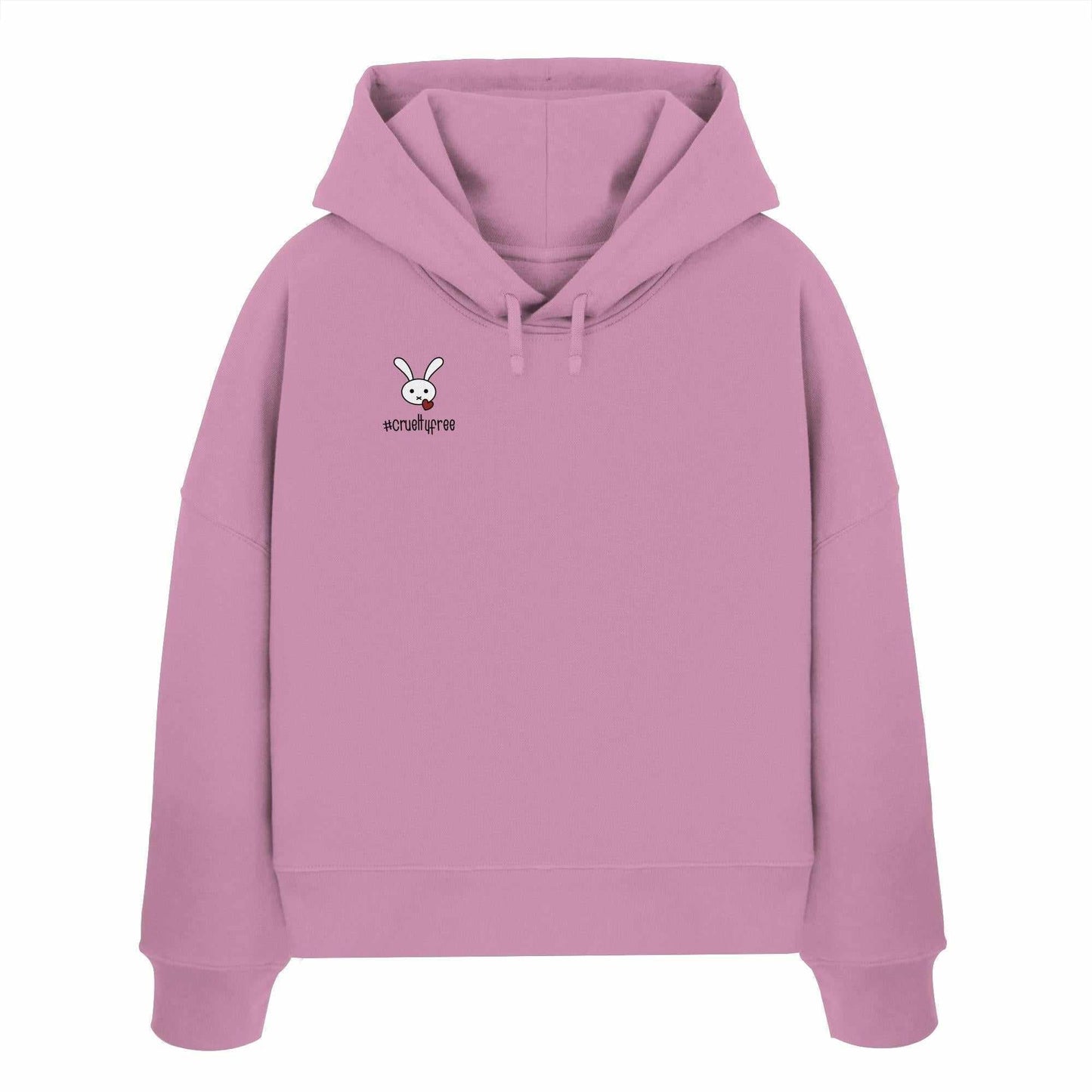 Vegan und Bio Crop Hoodie: Crueltyfree Bunny, zeigt einen Cartoon-Hasen mit Herz, aus 100% Bio-Baumwolle, symbolisiert tierleidfreie Mode von RUDE REBEL.