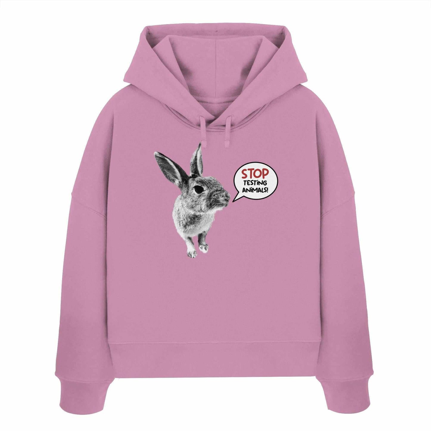 Vegan und Bio Crop Hoodie: Cute Rabbit mit schwarzem Hasenmotiv und dem Slogan STOP ANIMAL TESTING! auf pinkem Hintergrund. Hergestellt aus 100% Bio-Baumwolle.