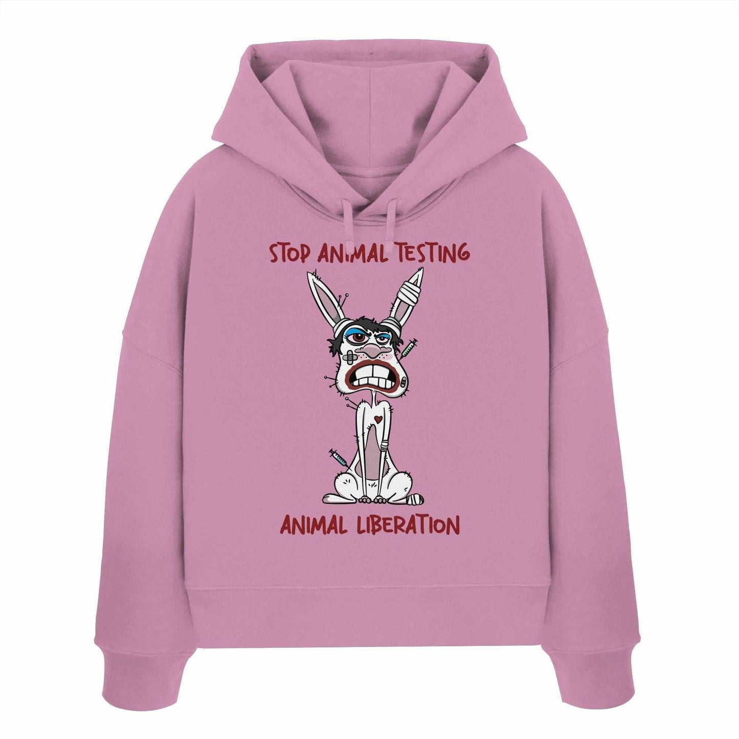 Vegan und Bio Crop Hoodie mit Cartoon-Hase und STOP ANIMAL TESTING!-Botschaft, thematisiert Tierversuchsgegner. Aus 100% Bio-Baumwolle, rebellisches Design von RUDE REBEL.