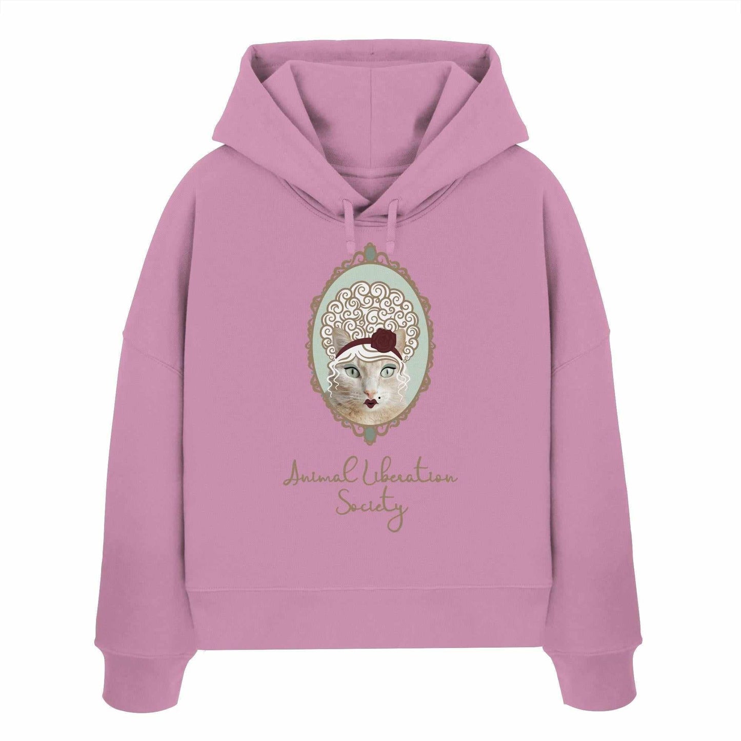 Vegan und Bio Crop Hoodie: Miss Cat - Animal Liberation Society, pinker Hoodie mit Katzenmotiv, doppellagige Kapuze und abfallenden Schultern aus 100% Bio-Baumwolle.