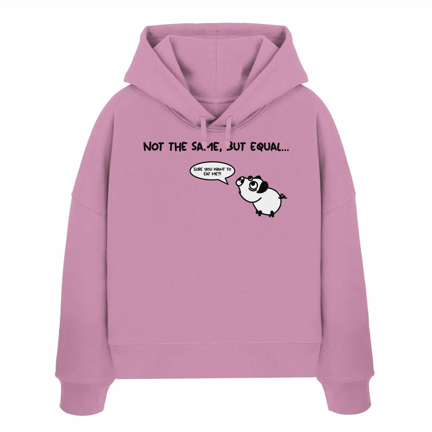 Vegan und Bio Crop Hoodie von RUDE REBEL mit niedlichem Cartoon-Schwein, das Hundelaute übt. Hergestellt aus 100% Bio-Baumwolle, Regular Fit.