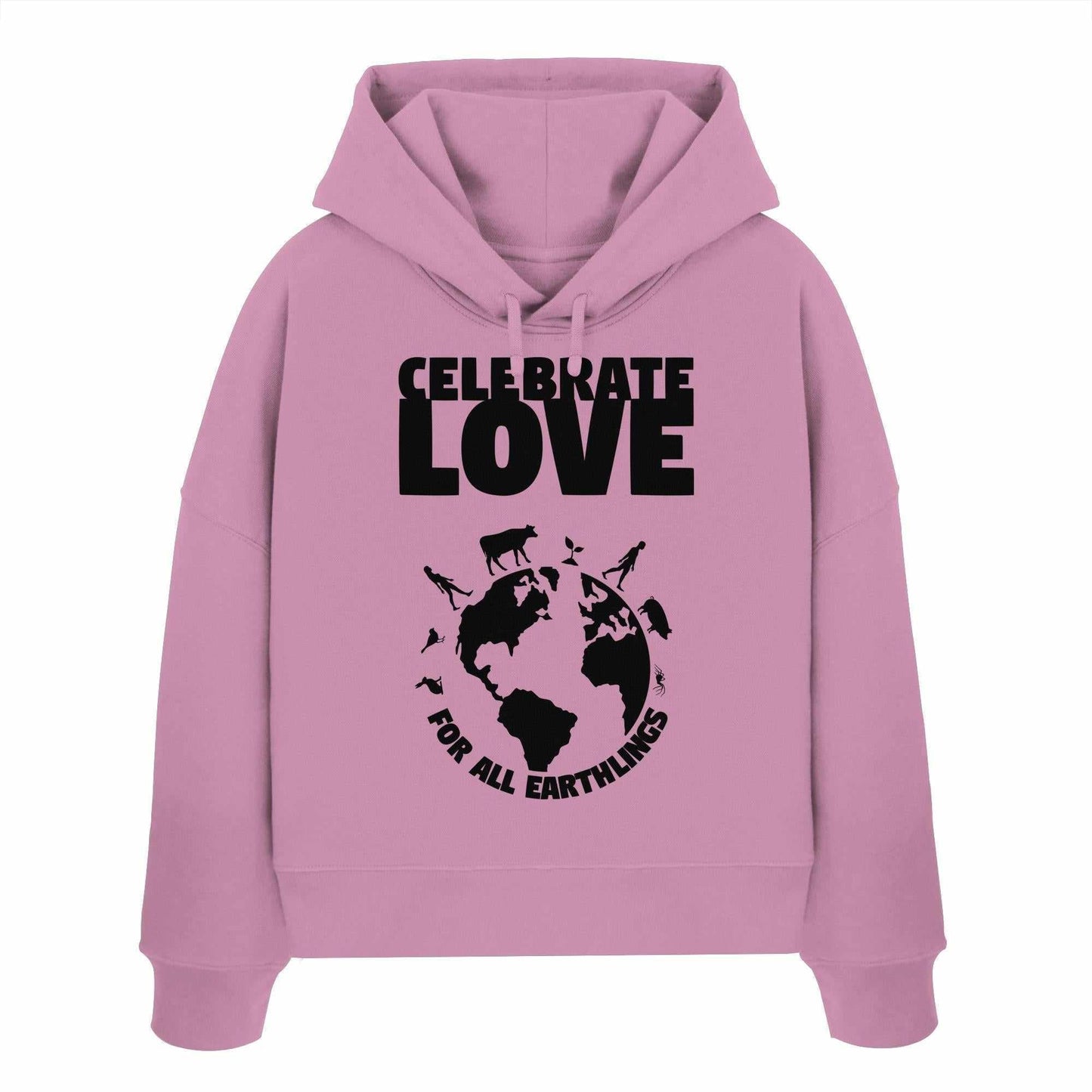 Vegan und Bio Crop Hoodie: Celebrate Love For All Earthlings mit grafischem Print, der Veganismus und Gleichheit zelebriert, aus 100% Bio-Baumwolle, rebellisches Design von RUDE REBEL.