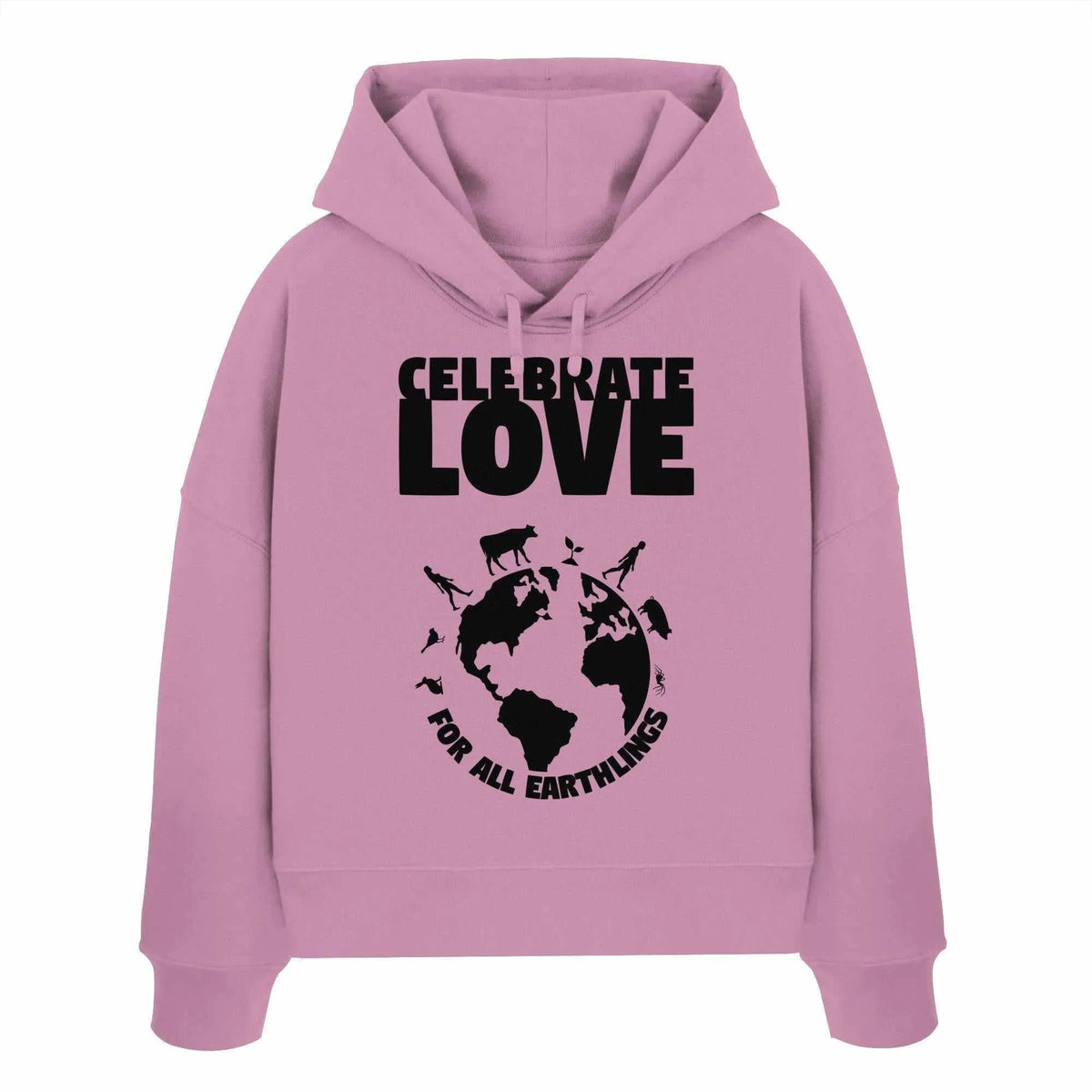 Crop-Hoodie in Fliederrosa mit Kapuze, Kordeln und großem Frontprint „Celebrate Love“.