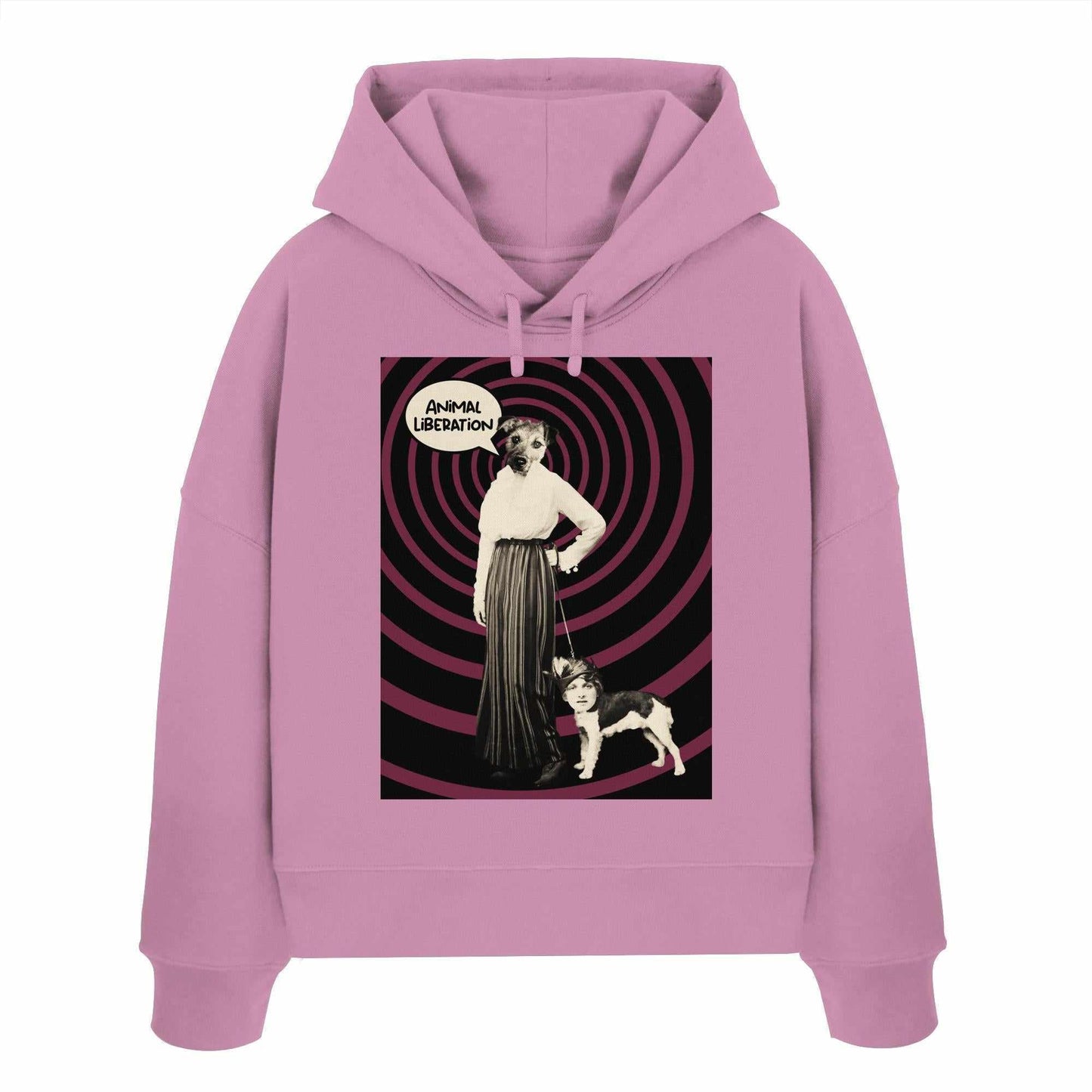 Vegan und Bio Crop Hoodie mit digitaler Collage einer Frau und einem Hund, inspiriert von Tierrechten und Freiheit, 100% Bio-Baumwolle.