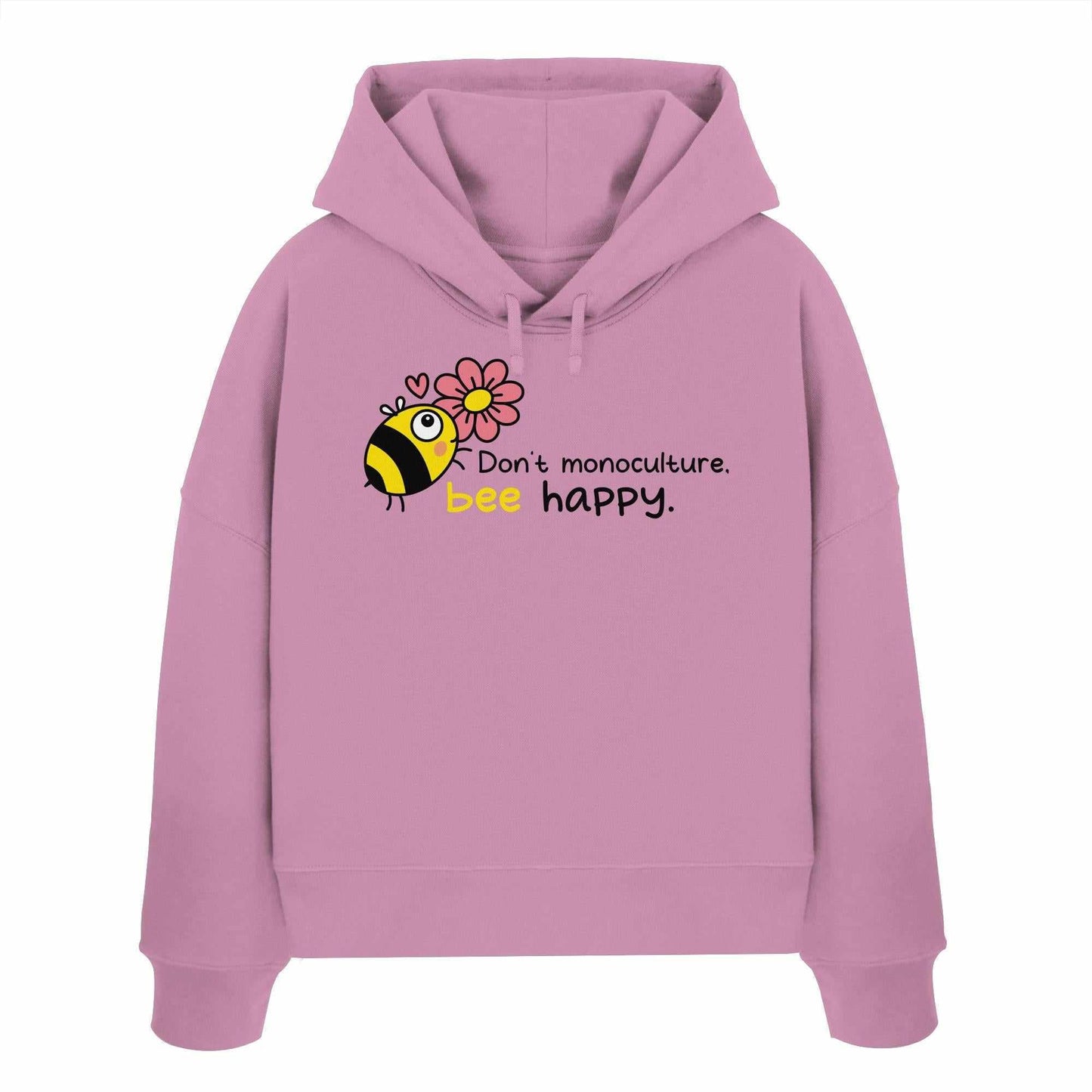 Vegan und Bio Crop Hoodie mit Bienen- und Blumenmotiv aus 100% Bio-Baumwolle. Fördert Artenvielfalt und Naturschutz.