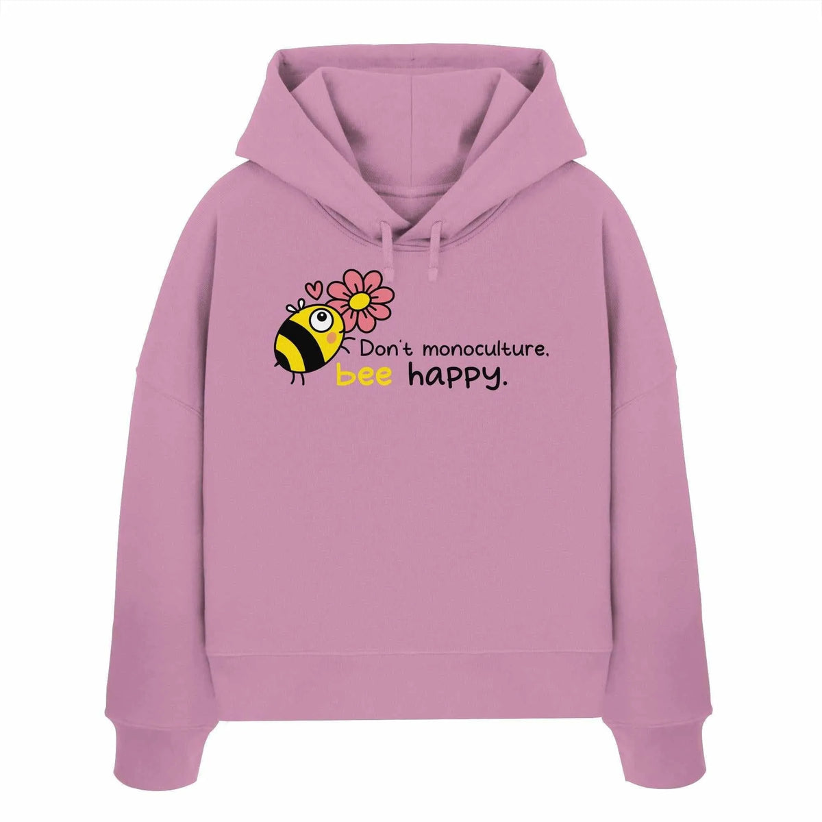 Fliederfarbener Crop-Hoodie mit Kapuze, Kordelzug und Bienen-Print auf der Vorderseite