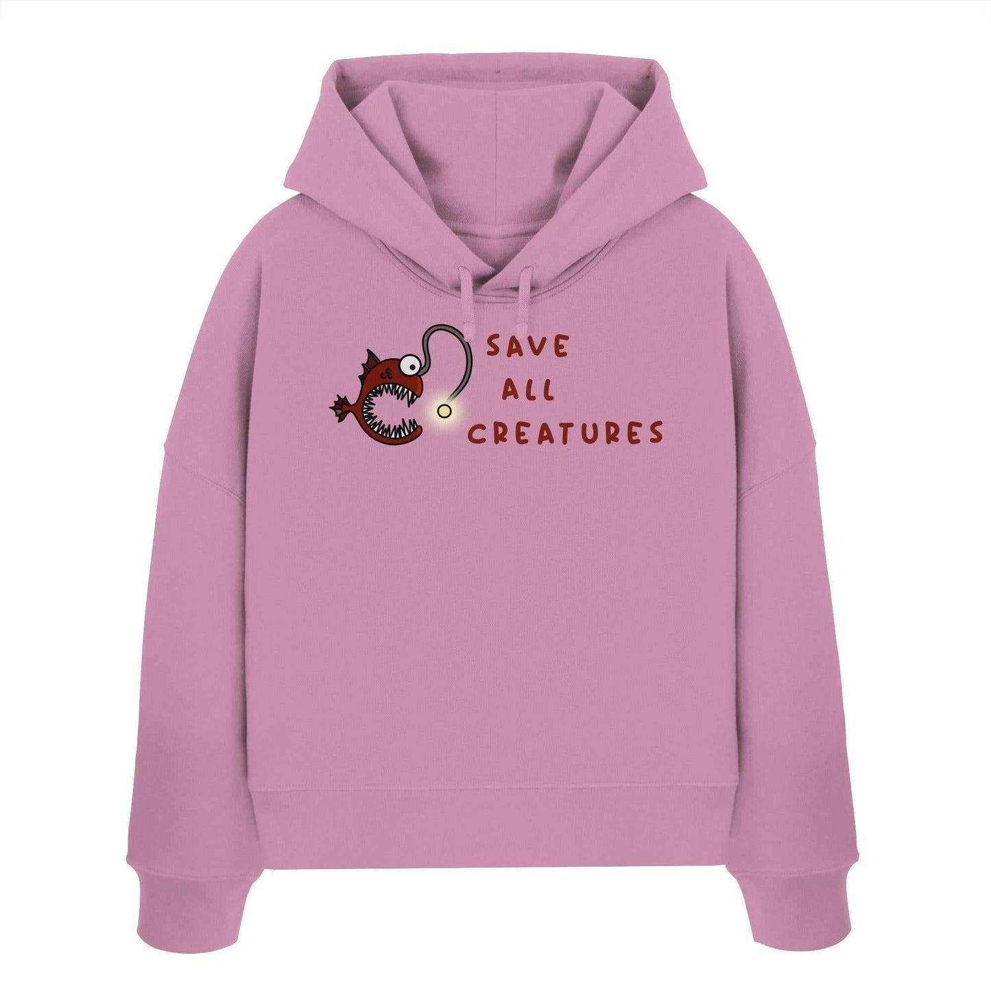 Vegan und Bio Crop Hoodie: Weird Frogfish – pinker Hoodie mit Cartoon-Anglerfisch und Haken, doppellagige Kapuze, nachhaltige Bio-Baumwolle, rebellisches Design von RUDE REBEL.