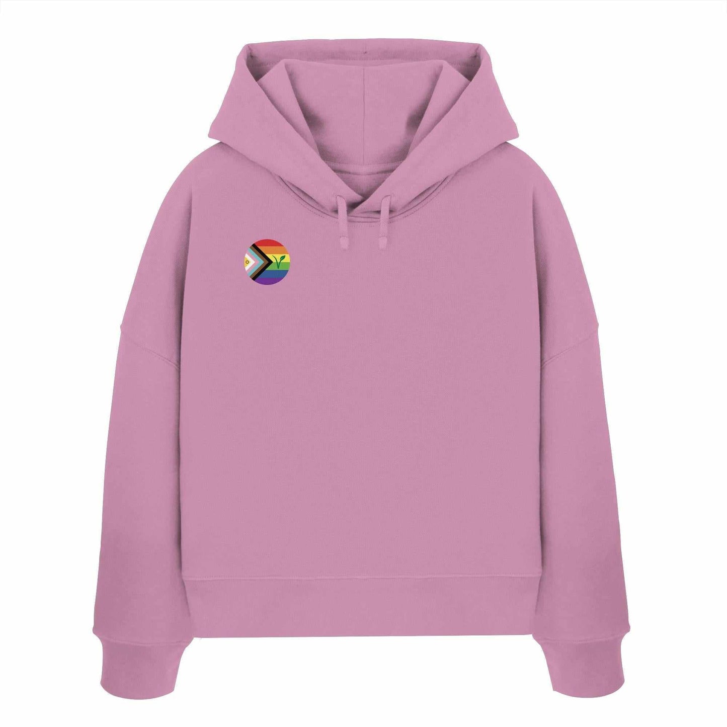Vegan und Bio Crop Hoodie: LGBTQIA+ VEGANe, pinker Kapuzenpullover mit Regenbogen-Logo und grünem Blatt, aus 100% Bio-Baumwolle, abfallende Schultern, doppellagige Kapuze.