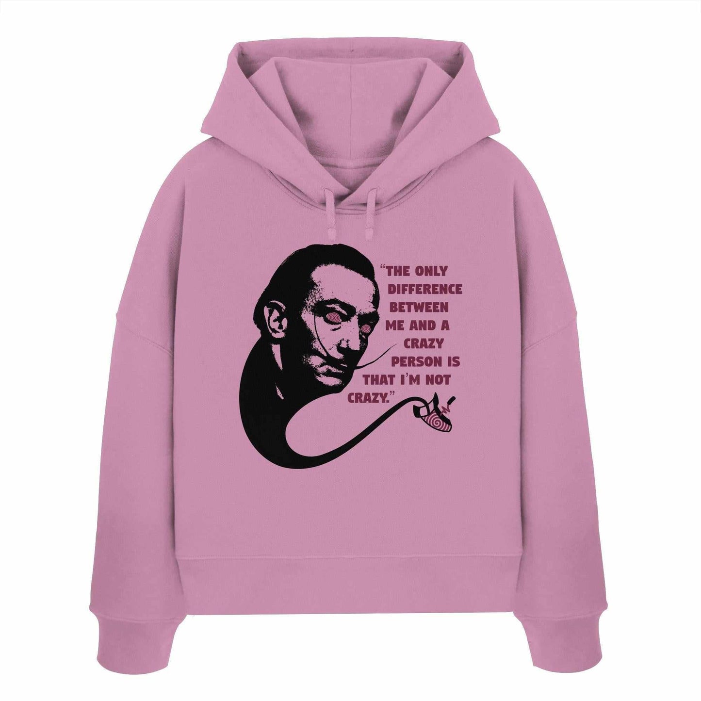 Vegan und Bio Crop Hoodie: Crazy Dali, pinker Hoodie mit surrealistischem Männergesicht, 100% Bio-Baumwolle, doppellagige Kapuze, abfallende Schultern, von RUDE REBEL.