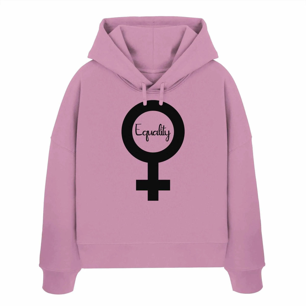 Veganer Bio-Crop-Hoodie in Lila mit schwarzem Feminismus-Symbol und „Equality“-Print