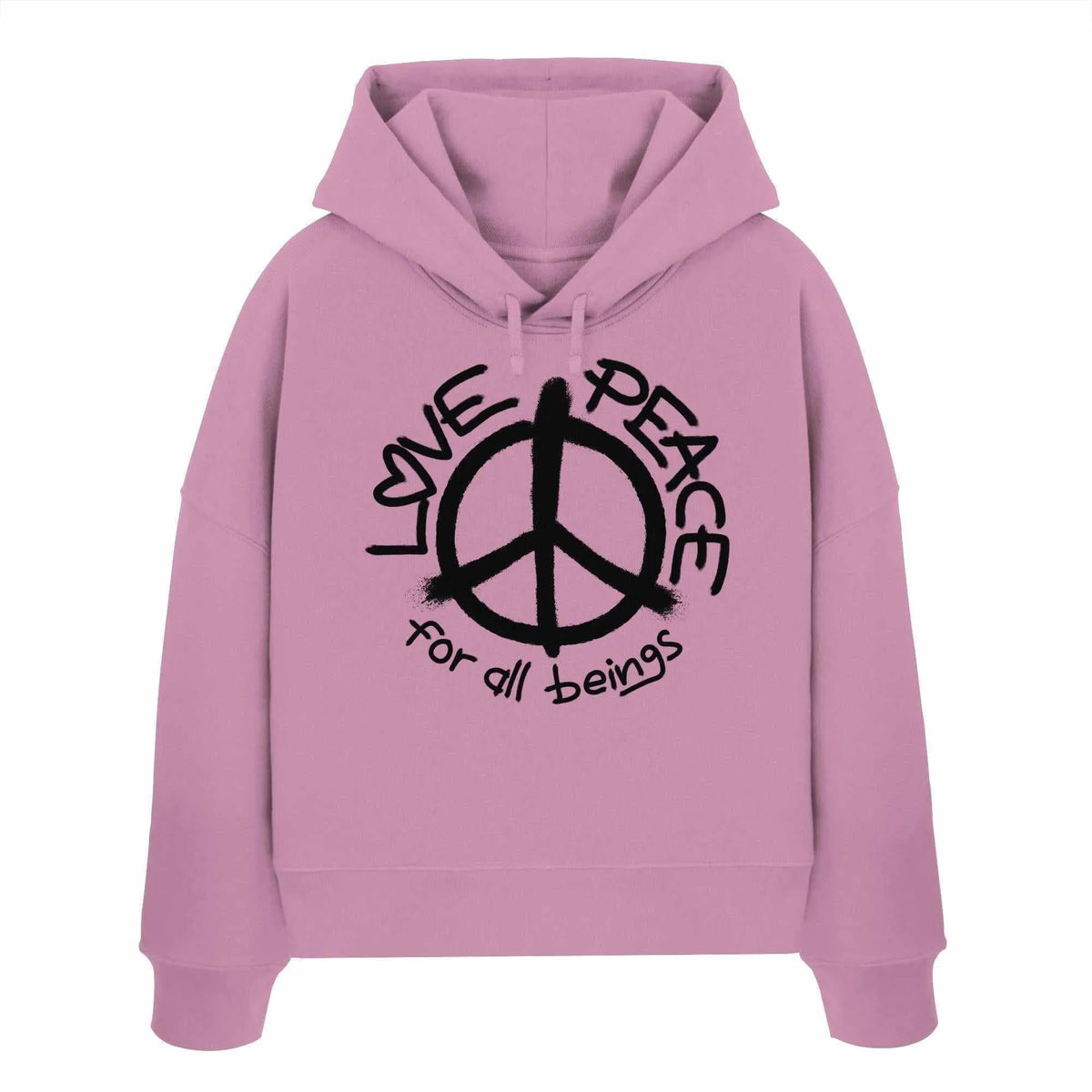Crop-Hoodie in Lila mit Peace-Logo, Kordelzug an der Kapuze und Frontgrafik