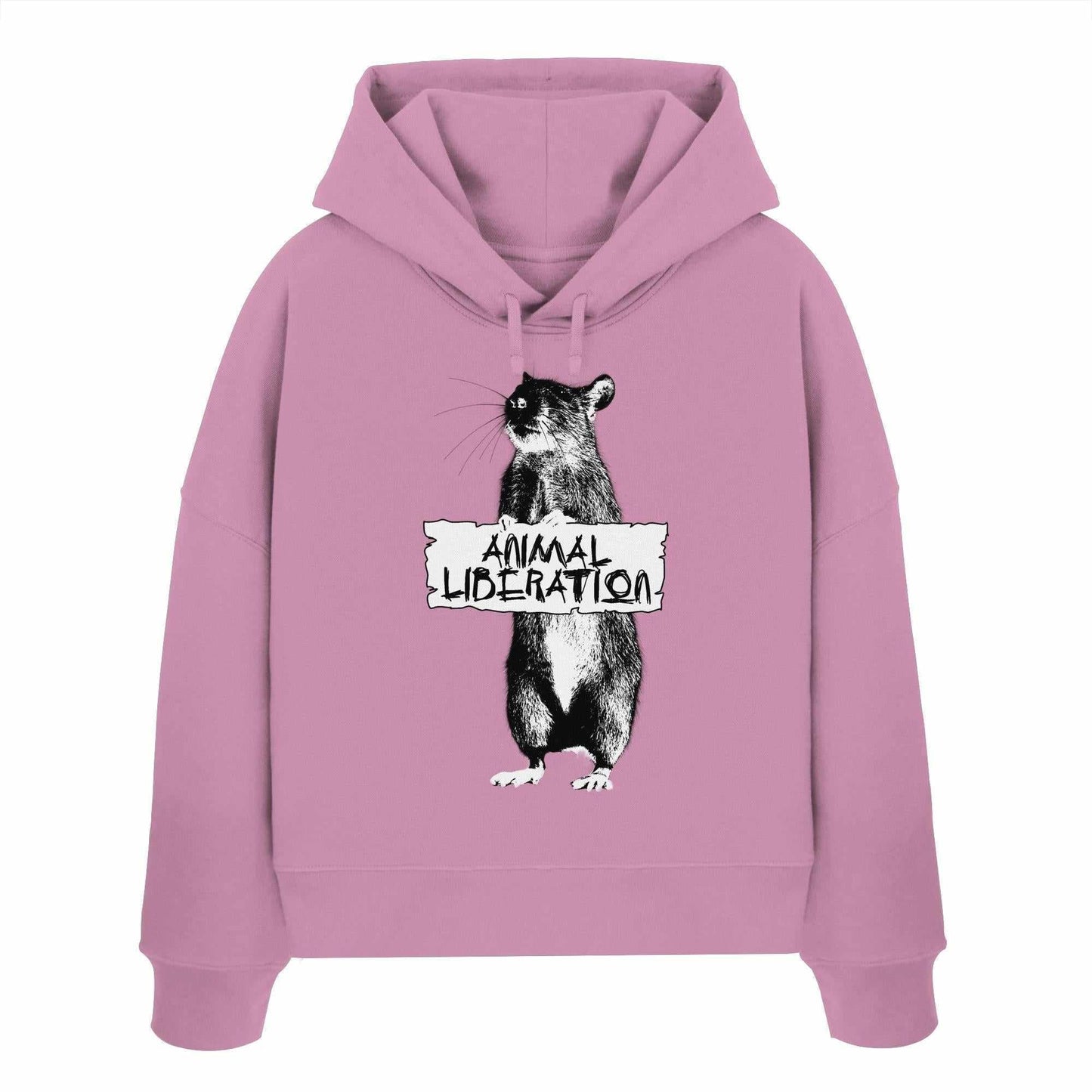 Vegan und Bio Crop Hoodie mit digitaler Collage eines Rattenmotivs und Protestschild, inspiriert von Banksy, aus 100% Bio-Baumwolle, von RUDE REBEL.