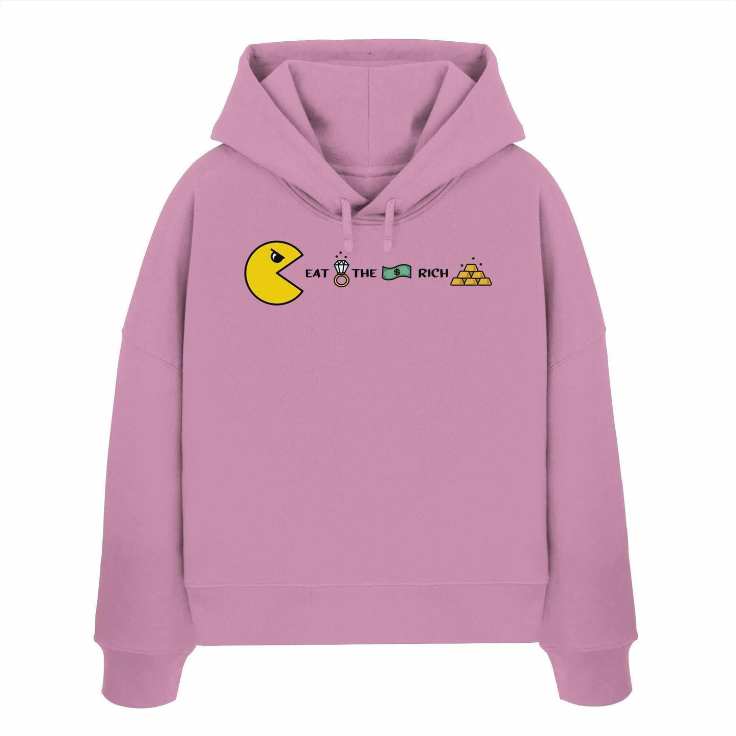Vegan und Bio Crop Hoodie: PAC-MAN - Eat the rich mit Cartoon-Design, doppellagiger Kapuze und flacher Kordel, aus 100% Bio-Baumwolle.