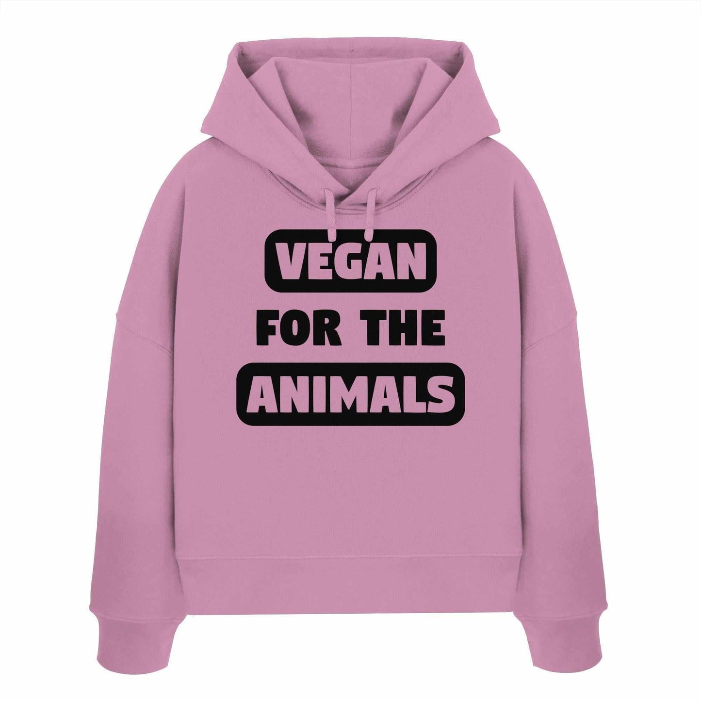 Vegan und Bio Crop Hoodie mit dem Aufdruck VEGAN FOR THE ANIMALS aus 100% Bio-Baumwolle, Regular Fit, abfallende Schultern, doppellagige Kapuze.