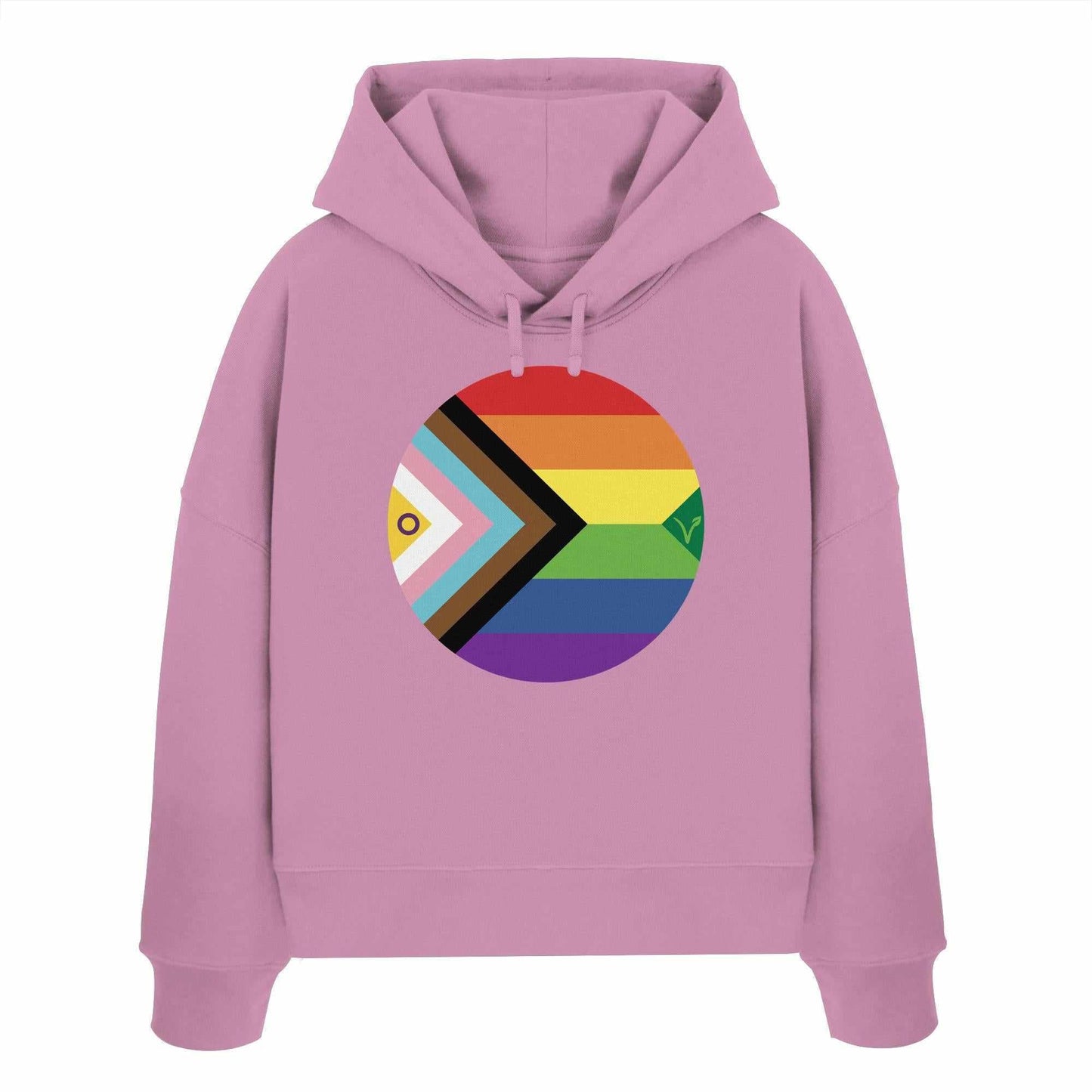 Vegan und Bio Crop Hoodie mit Regenbogenkreis, symbolisiert LGBTQAI+ und Veganismus. Hergestellt aus 100% Bio-Baumwolle, designed von RUDE REBEL für Freiheit und Tierrechte.