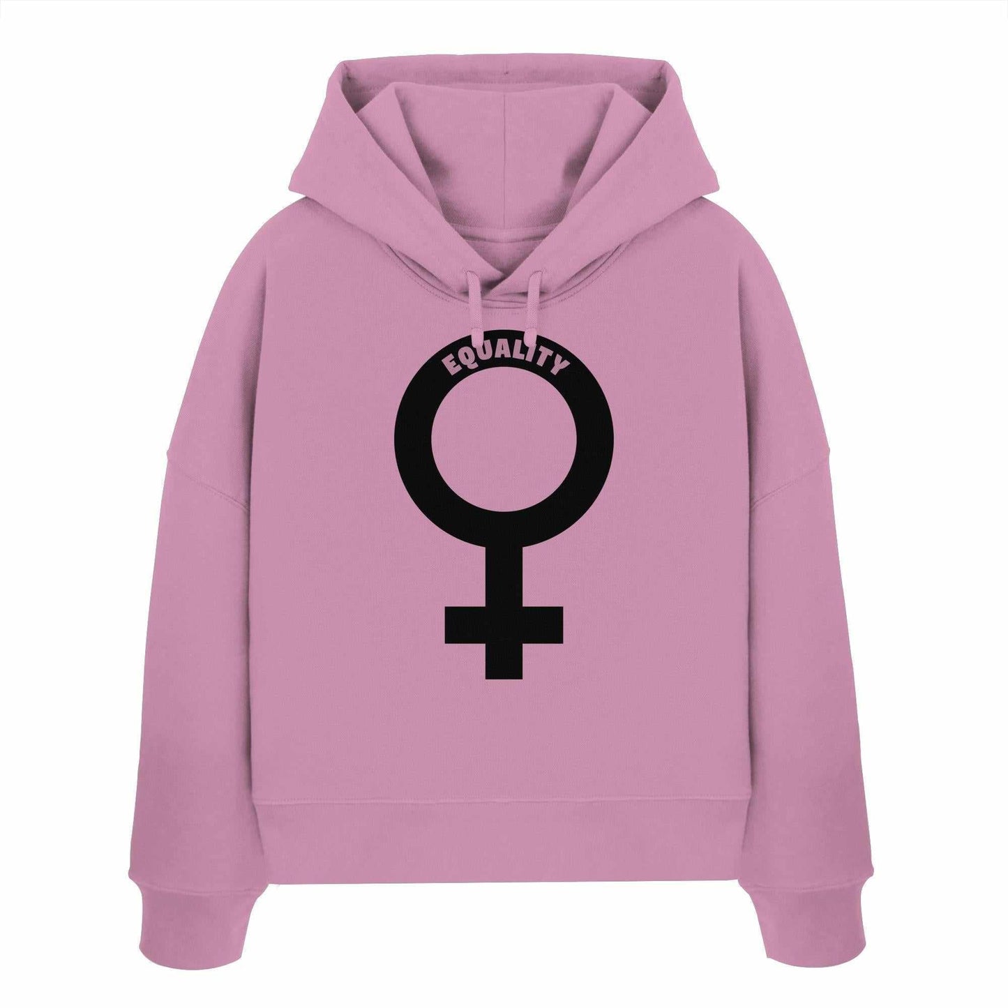 Vegan und Bio Crop Hoodie mit Venussymbol, feministisch und nachhaltig, aus 100% Bio-Baumwolle, mit doppellagiger Kapuze und flachen Kordeln.