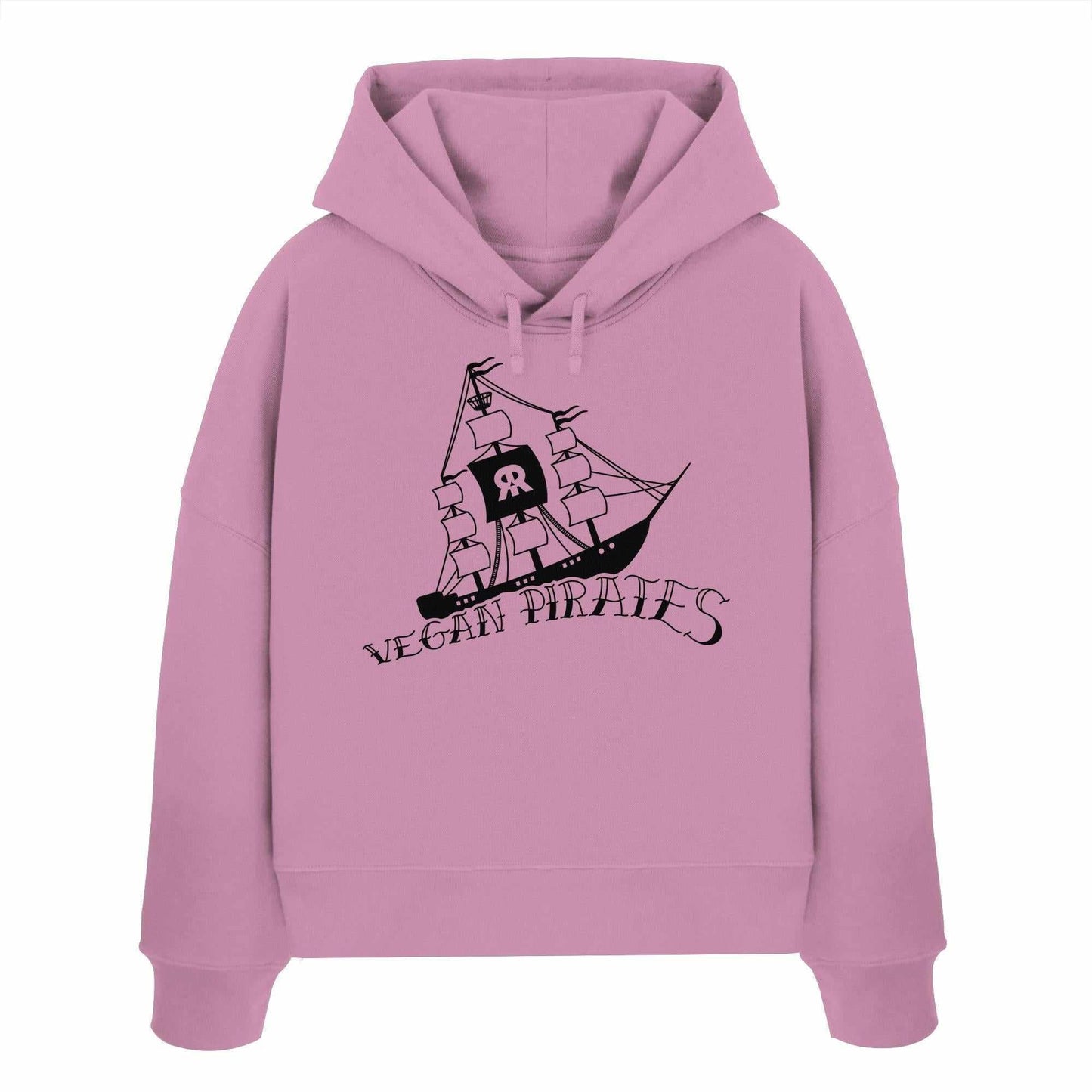 Vegan und Bio Crop Hoodie: Vegan Pirates, pink mit schwarzem Piratenschiff-Design, aus 100% Bio-Baumwolle, doppellagige Kapuze, rebellisch und nachhaltig.