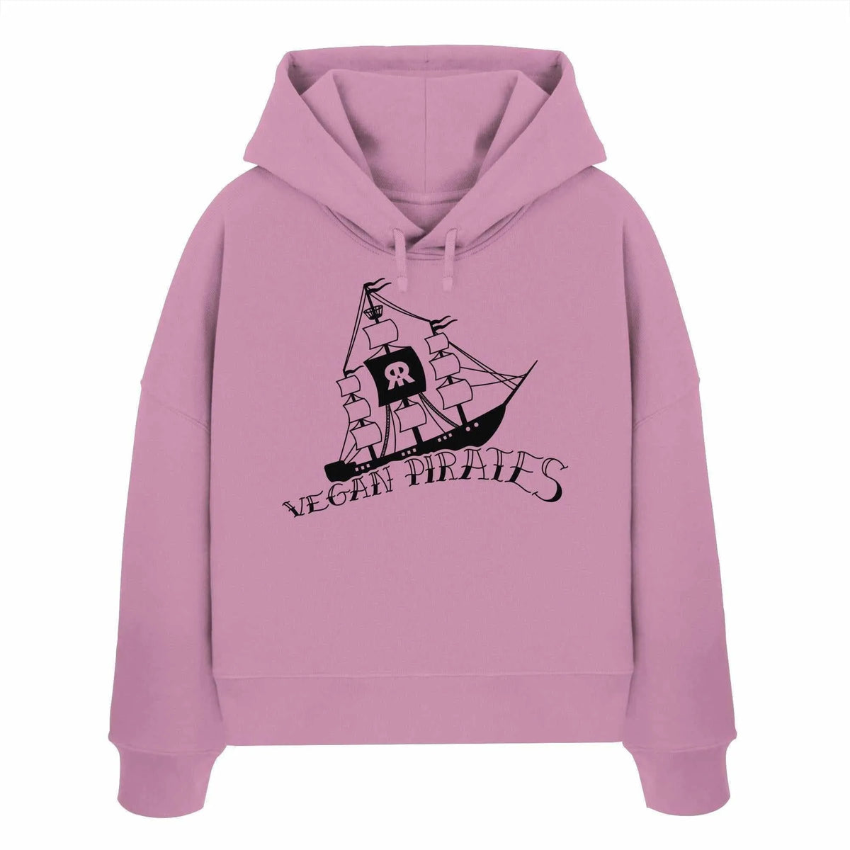 Veganes Bio-Crop-Hoodie mit Kapuze und Kordelzug, Frontprint Piratenschiff, rosafarben