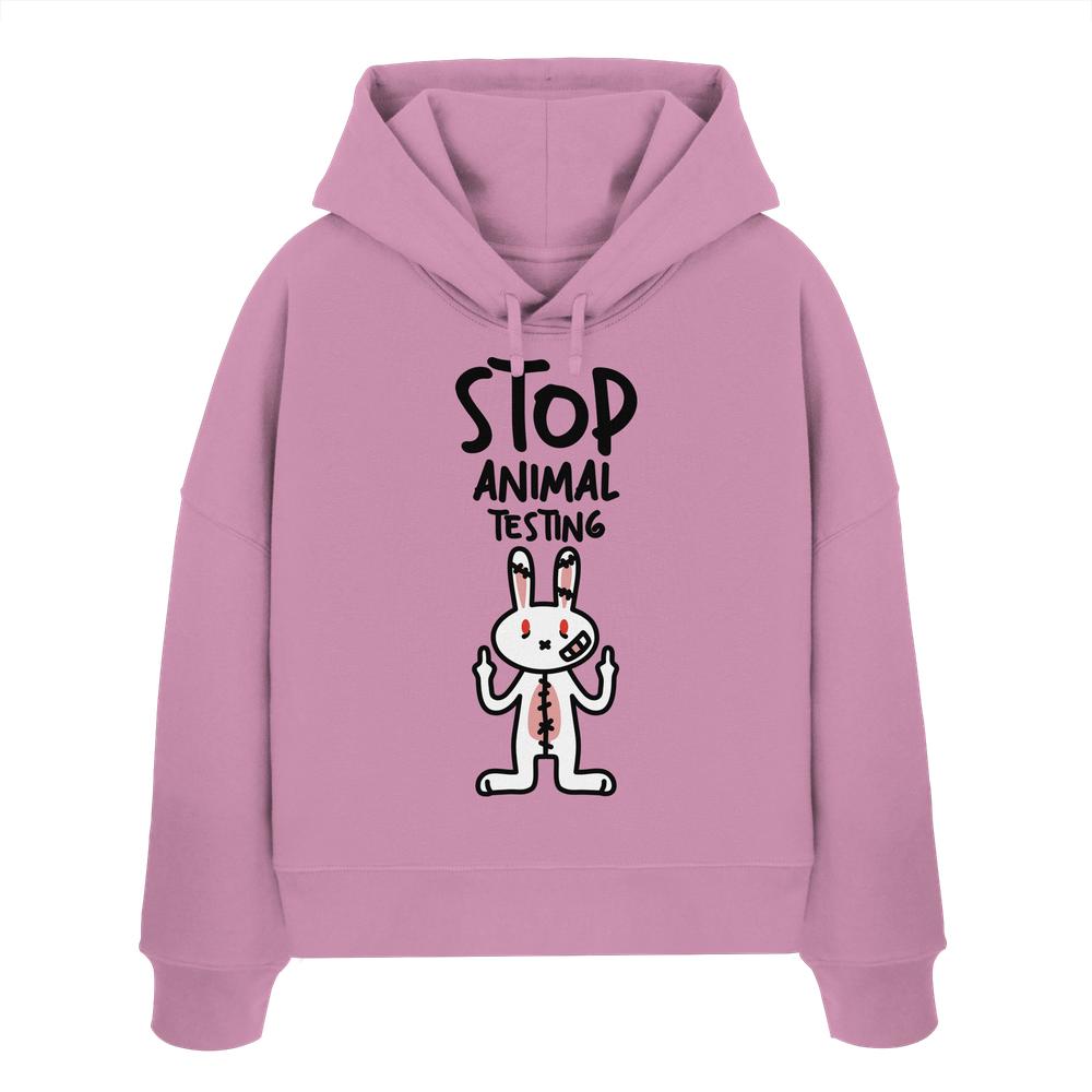 Crop-Hoodie Flieder mit Kapuze und Kaninchen-Frontprint „Stop Animal Testing“