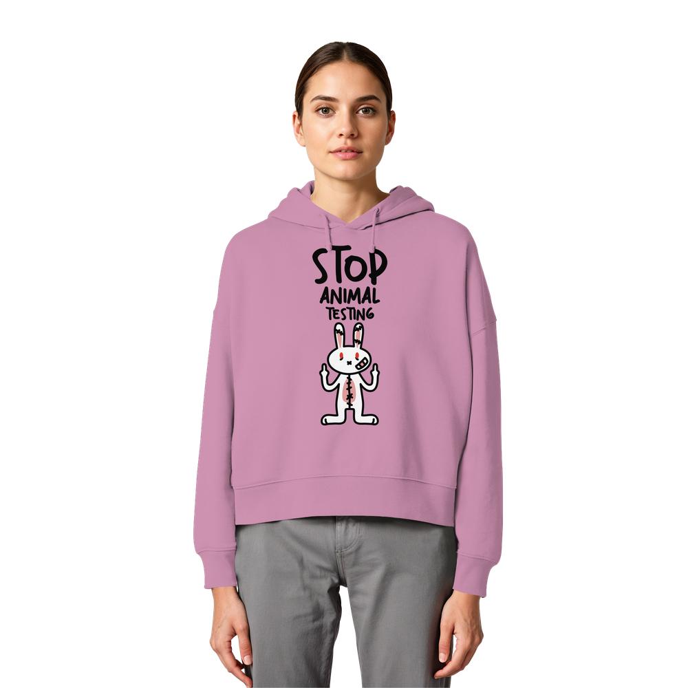 Crop-Hoodie in Flieder mit Kapuze, Kordelzug und Kaninchen-Print „Stop Animal Testing“