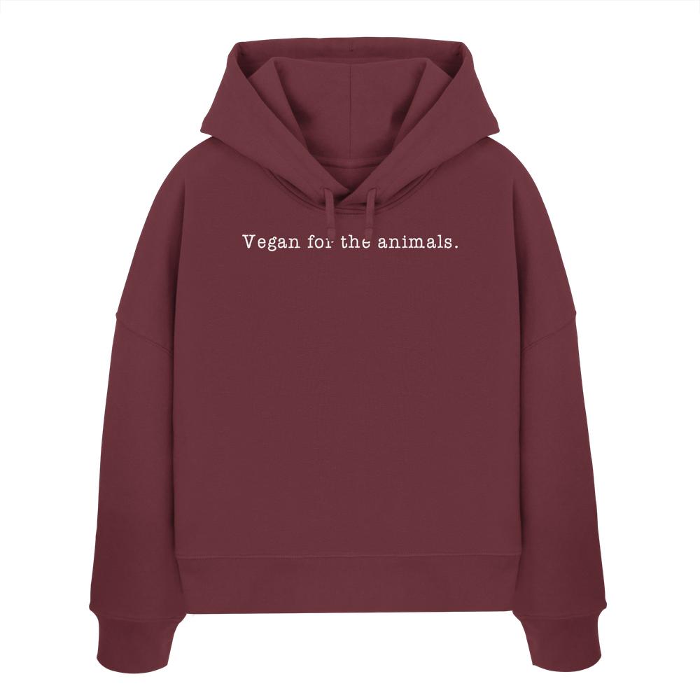 Minimalism Design - Vegan for the animals. - Damen Bio-Boxcut Hoodie, maroon mit weißem Text, doppellagige Kapuze, Bio-Baumwolle, rebellisches Design von RUDE REBEL.