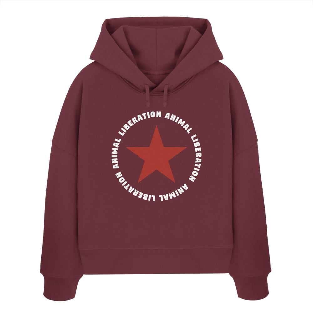 Vegan und Bio Crop Hoodie: Red Star und Animal Liberation, roter Hoodie mit rotem Stern, 100% Bio-Baumwolle, reguläre Passform, doppellagige Kapuze, abfallende Schultern.