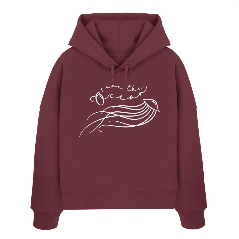 Vegan und Bio Crop Hoodie mit Qualle-Design und Save the Ocean-Aufruf, aus 100% Bio-Baumwolle, doppellagige Kapuze, reguläre Passform.
