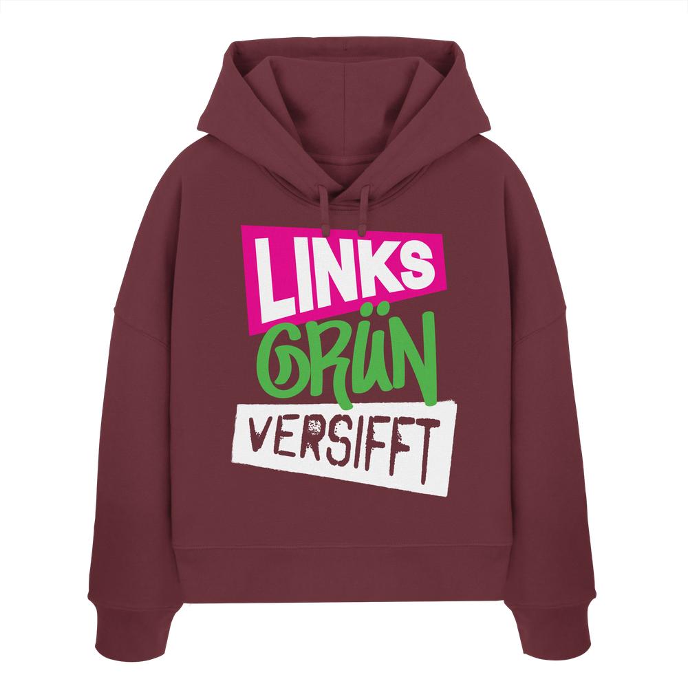 Vegan und Bio Crop Hoodie mit weißem Text, aus 100% Bio-Baumwolle, doppellagige Kapuze, abfallende Schultern, rebellisches Design zu grüner Politik und Naturschutz.