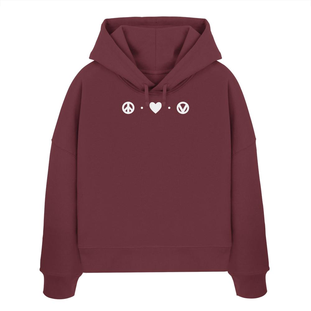 Vegan und Bio Crop Hoodie: Peace - Love - Veganism mit weißen Friedenssymbolen, aus Bio-Baumwolle, doppellagiger Kapuze, Regular Fit, von RUDE REBEL.