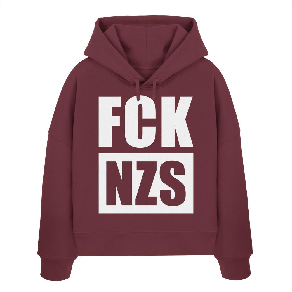 Vegan und Bio Crop Hoodie: FCK NZS, burgunderfarbener Kapuzenpullover mit weißem Slogan, aus 100% Bio-Baumwolle, Regular Fit, doppellagige Kapuze, flache Kordel.