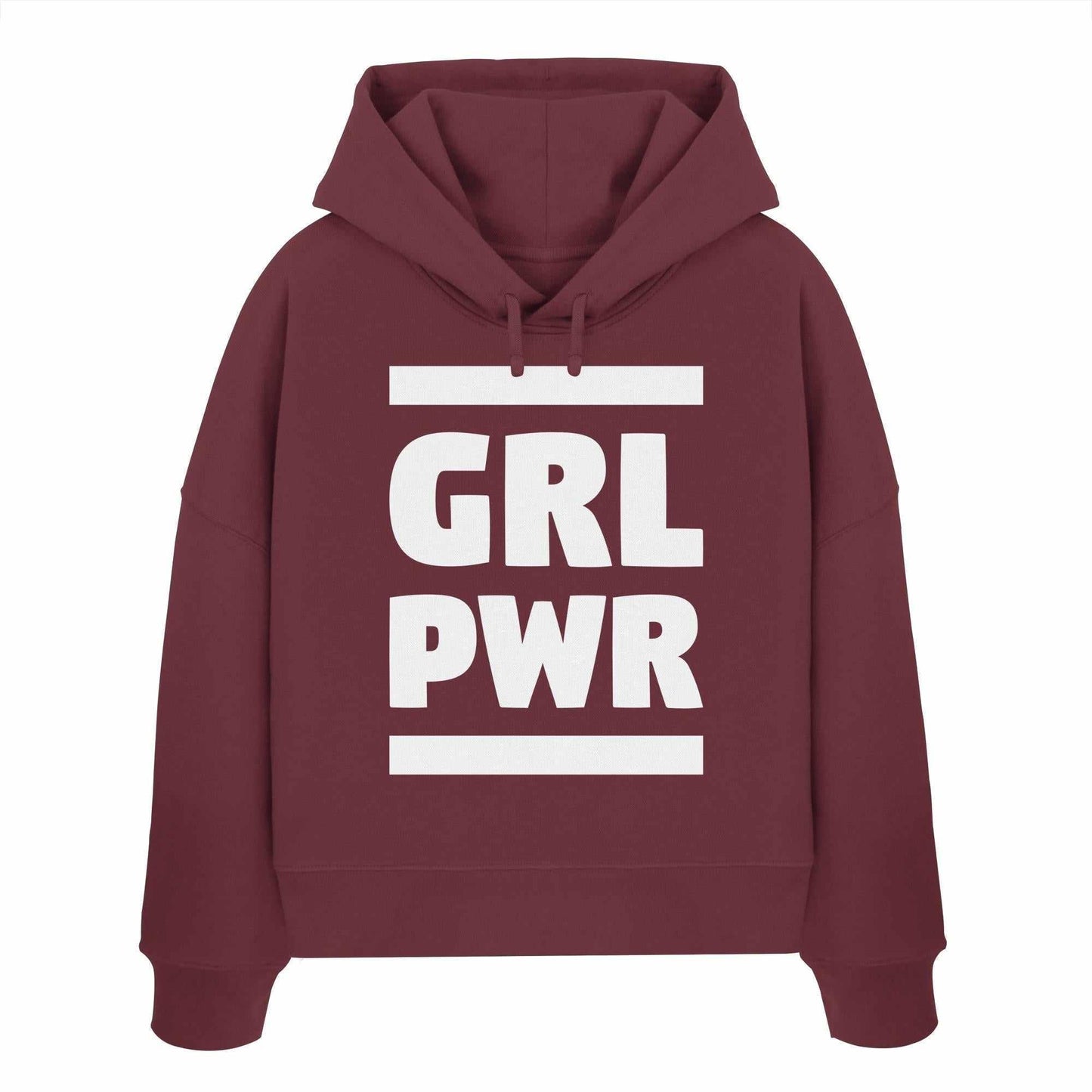 Vegan und Bio Crop Hoodie mit feministischer Botschaft GIRL POWER, aus 100% Bio-Baumwolle, doppellagiger Kapuze und flacher Kordel, von RUDE REBEL.