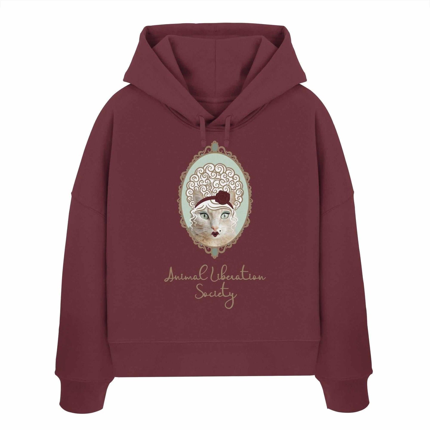 Vegan und Bio Crop Hoodie: Miss Cat - Animal Liberation Society, roter Hoodie mit Katzengesicht und Rose, 100% Bio-Baumwolle, doppellagige Kapuze, reguläre Passform.