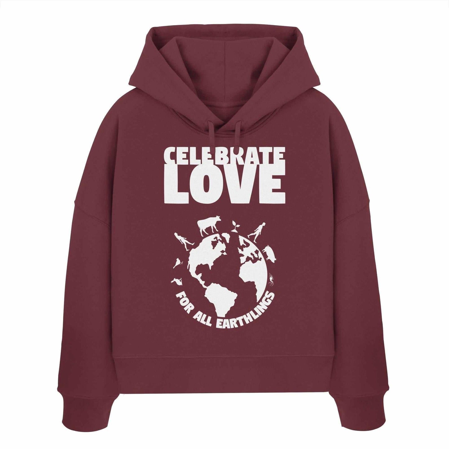 Vegan und Bio Crop Hoodie mit weißem Text, der Liebe und Gleichheit für alle Erdlinge feiert, aus 100% Bio-Baumwolle, doppellagige Kapuze, reguläre Passform.