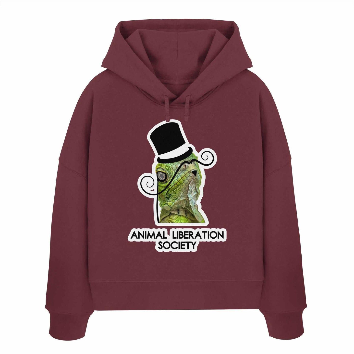 Vegan und Bio Crop Hoodie: Sir Reptile - Animal Liberation Society, mit einem Hut und Schnurrbart tragenden Lizard-Design, aus 100% Bio-Baumwolle, Regular Fit.