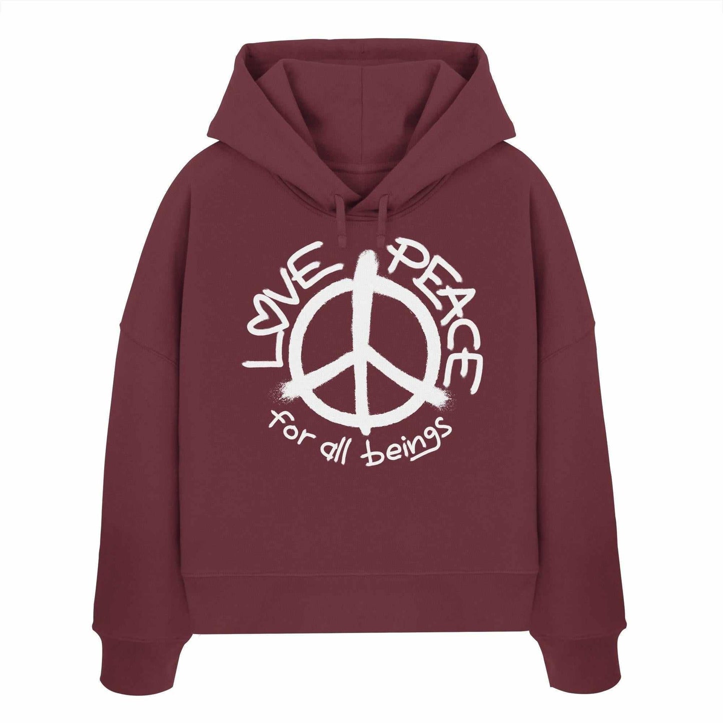 Vegan und Bio Crop Hoodie: LOVE and PEACE for all beings, mit Friedenssymbol auf maroonem Stoff, aus 100% Bio-Baumwolle, Regular Fit, doppellagige Kapuze.