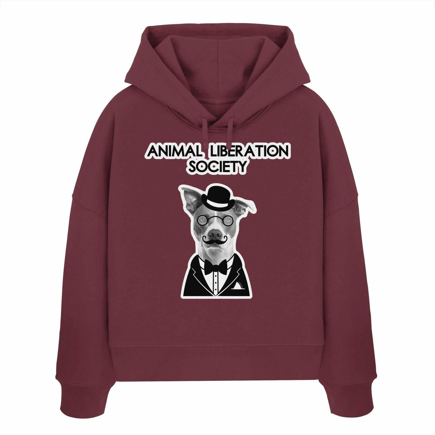 Vegan und Bio Crop Hoodie: Mr. Dog - Animal Liberation Society, roter Hoodie mit Hundemotiv, 100% Bio-Baumwolle, designed von RUDE REBEL, mit doppellagiger Kapuze und Rippstrickdetails.