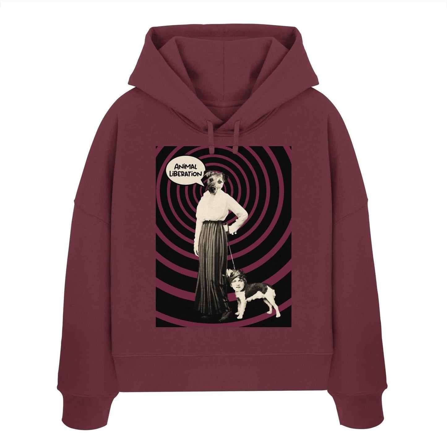 Vegan und Bio Crop Hoodie: Upside Down - Animal Liberation mit digitaler Collage einer Frau und einem Hund, inspiriert von Tierrechten. Aus 100% Bio-Baumwolle, regulärer Schnitt.