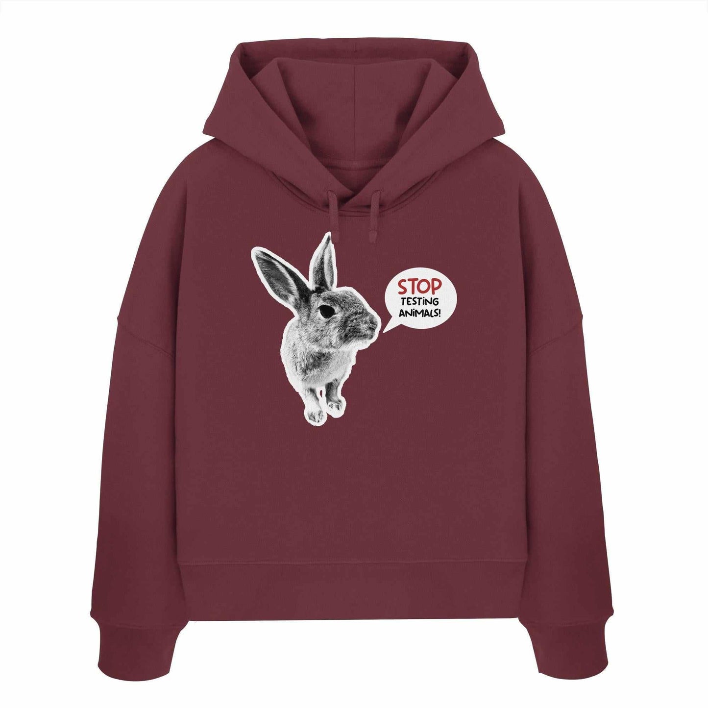 Vegan und Bio Crop Hoodie: Cute Rabbit mit Häschenmotiv und der Botschaft STOP ANIMAL TESTING! aus 100% Bio-Baumwolle, doppellagige Kapuze und abfallende Schultern.
