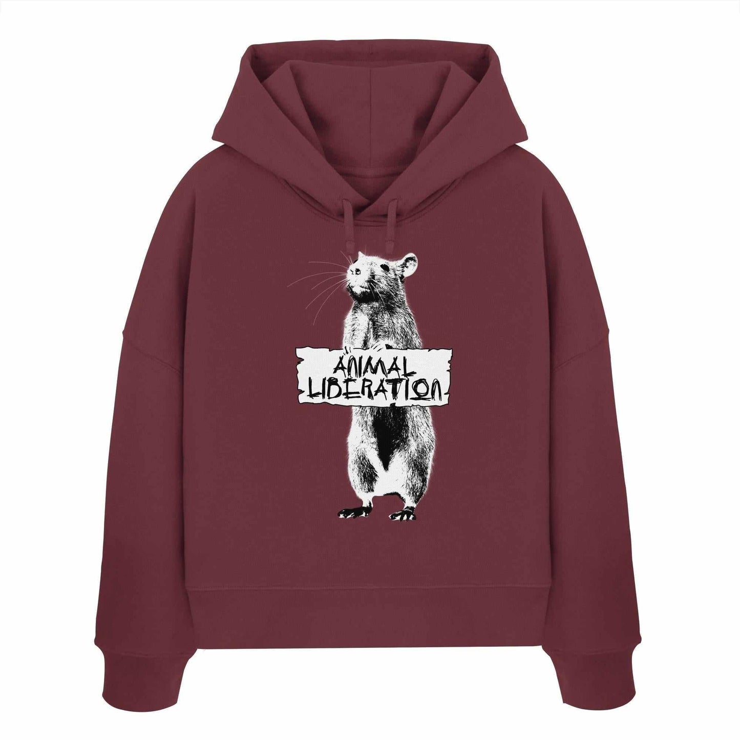 Vegan und Bio Crop Hoodie mit digitaler Collage eines Bären, inspiriert von Banksy's Street Art, aus 100% Bio-Baumwolle, von RUDE REBEL.
