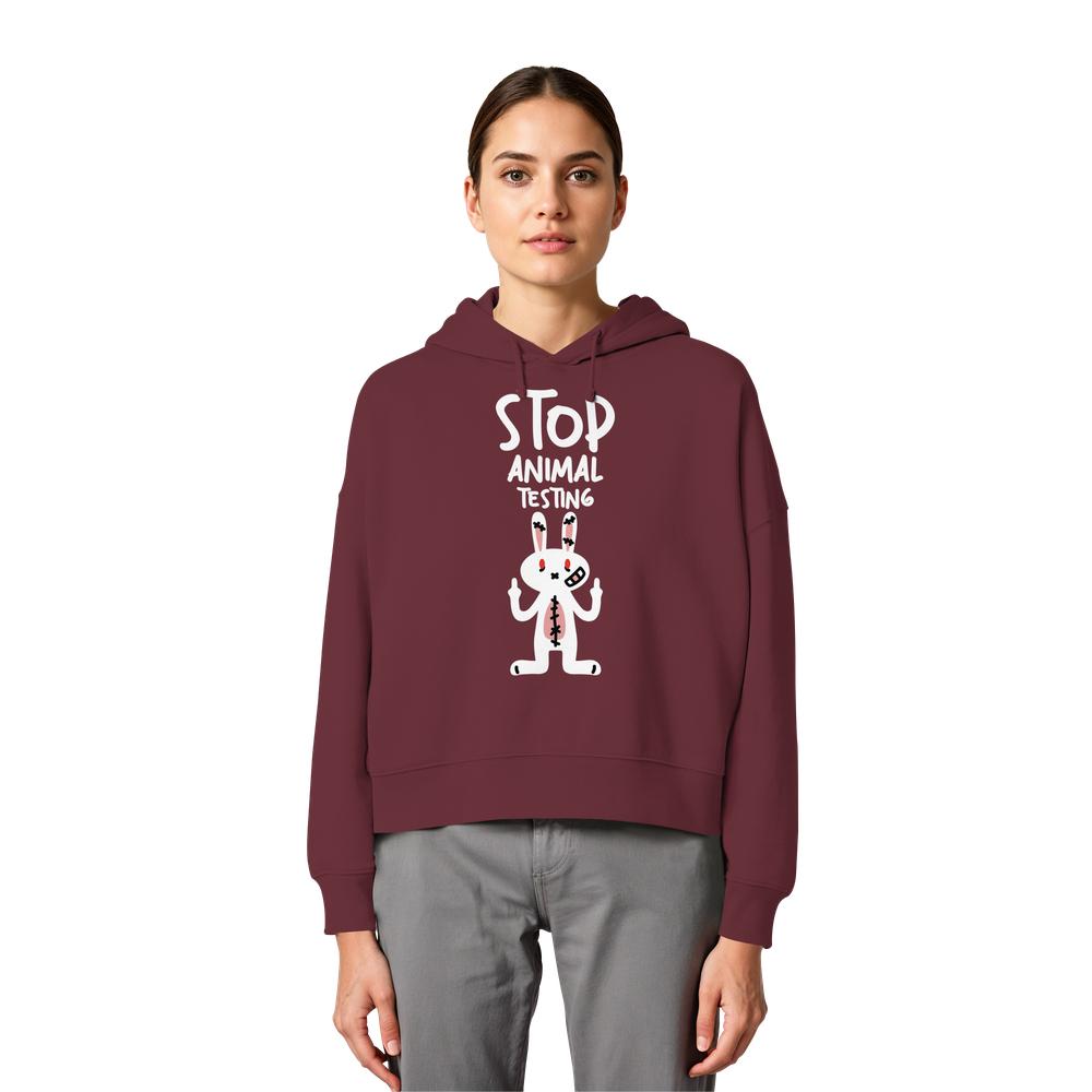 Brombeerfarbener Crop-Hoodie mit Kapuze und Kordelzug, Hasenmotiv „STOP ANIMAL TESTING“.