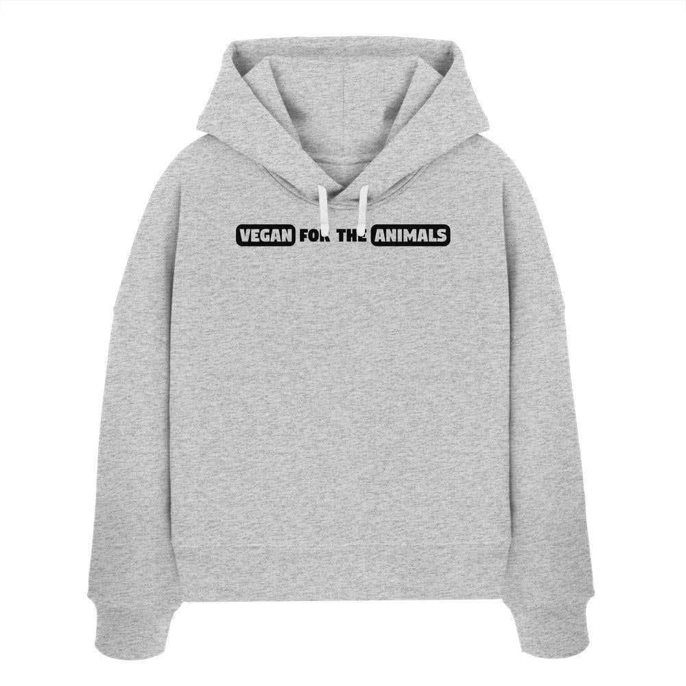 Vegan und Bio Crop Hoodie mit schwarzem Blockschrift-Slogan VEGAN FOR THE ANIMALS auf der Brust, 100% Bio-Baumwolle, reguläre Passform, doppellagige Kapuze.