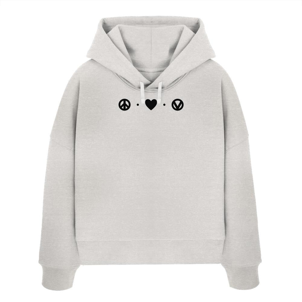 Crop-Hoodie mit Kapuze, hellgrau, Peace-/Herz-/Vegan-Print vorn