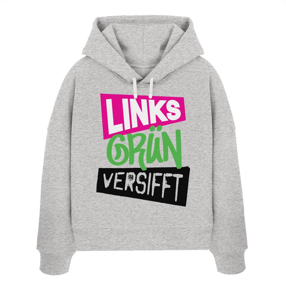 Grauer Bio-Baumwoll-Hoodie mit Kapuze und rebellischem Textdesign Wir sind Links Grün versifft! in Pink, Grün und Schwarz, doppellagige Kapuze.